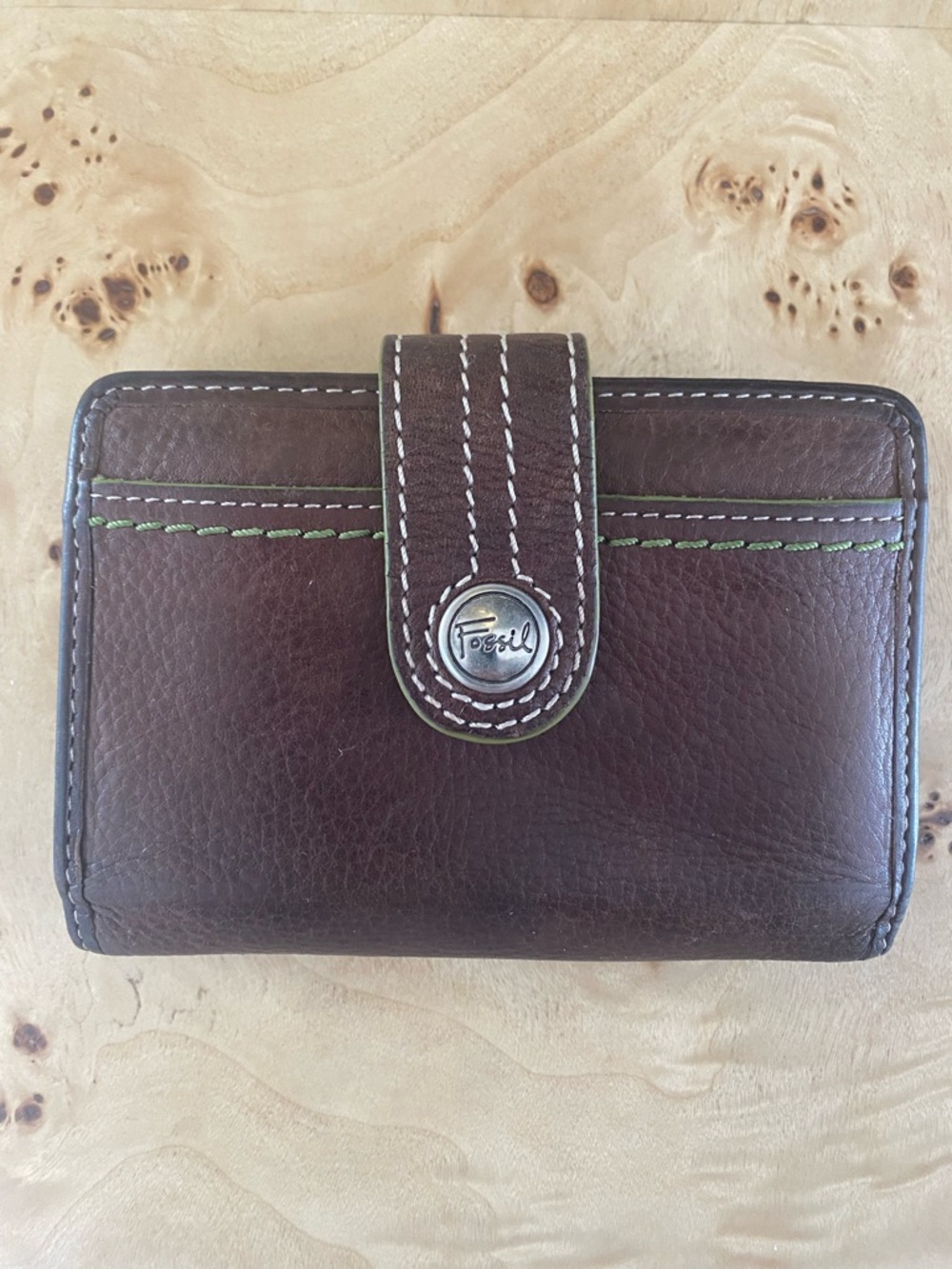 Fossil Dark Brown Leather Snap Card Wallet with Green Stitching
